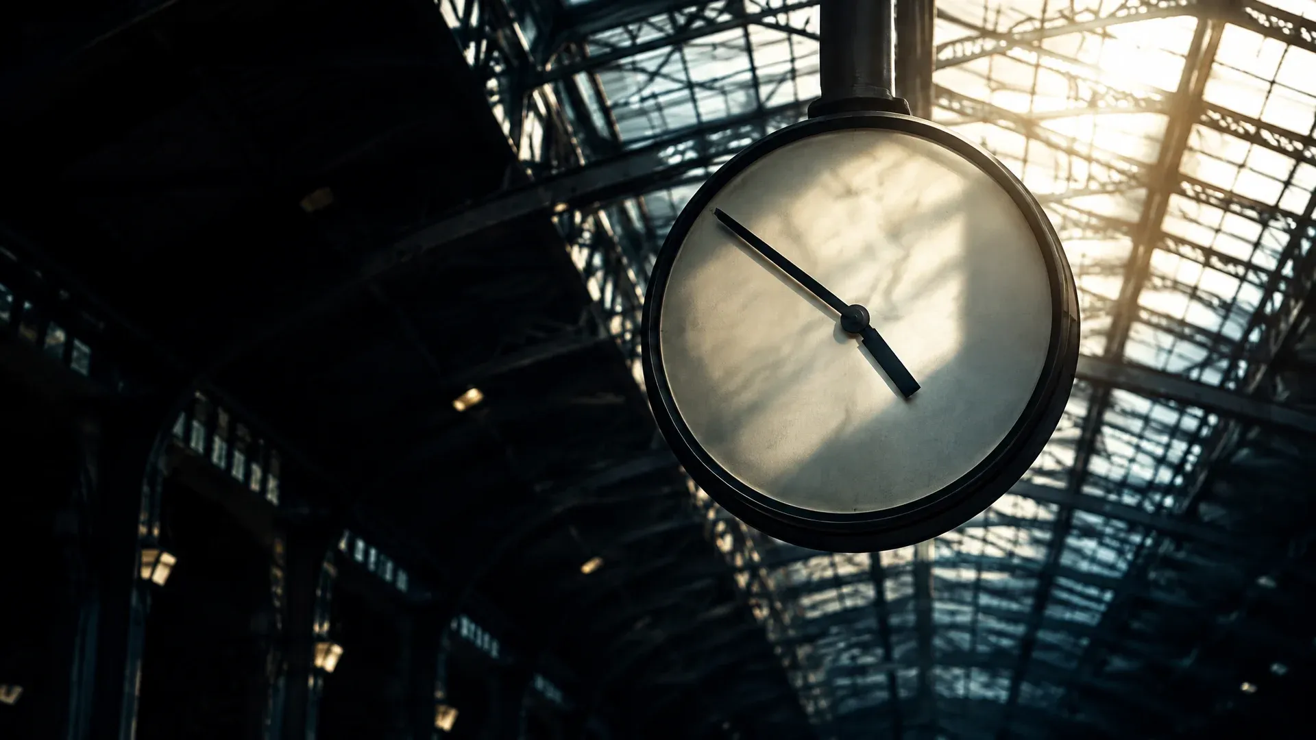 Large round station clock without numerals beneath the steel lattice roof of an empty station hall, seen against the light
