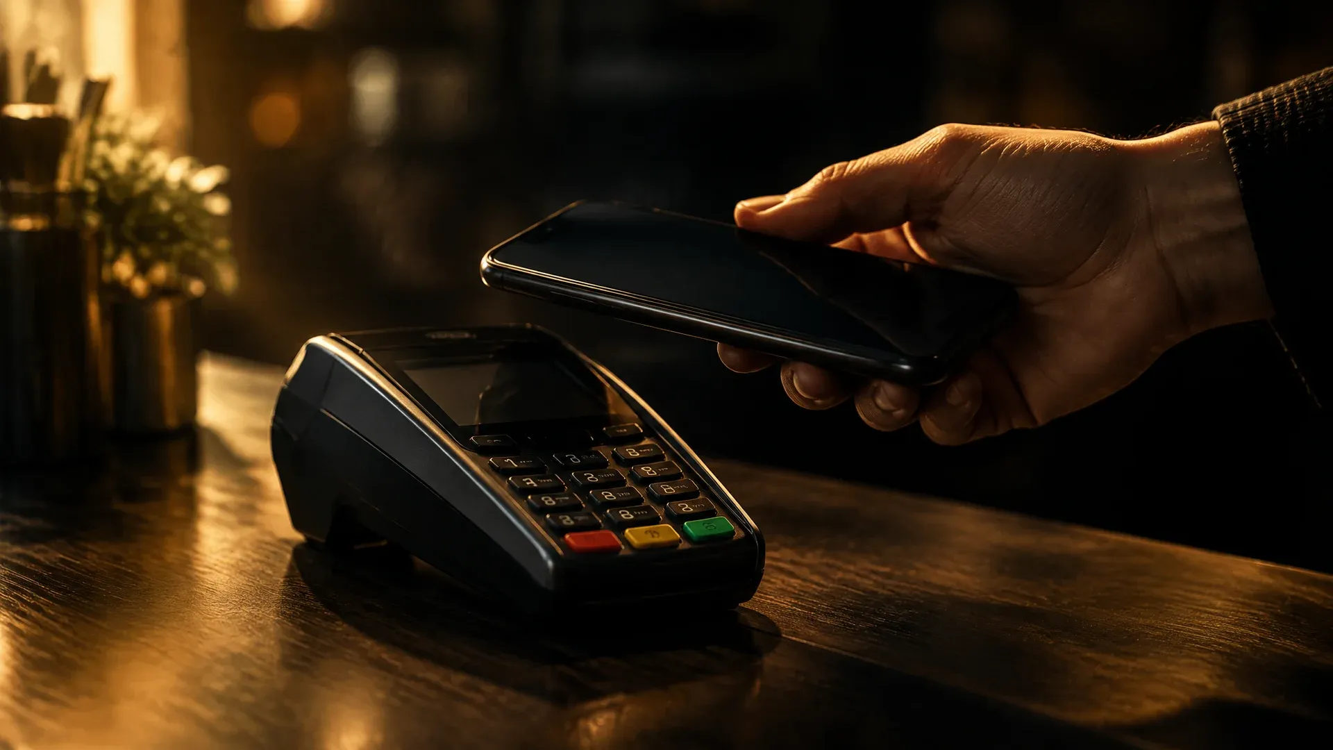 Markenloses Kartenterminal auf einem Ladentresen, darüber eine Hand mit einem Smartphone mit dunklem Display
