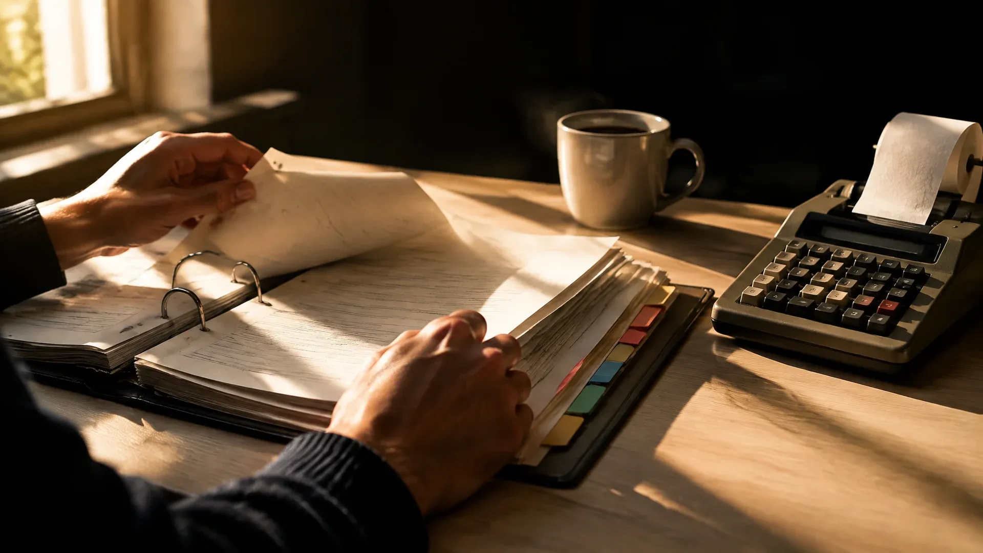 An open ring binder with index tabs, a desktop calculator with a paper roll and a cup on a light kitchen table, two hands turning pages