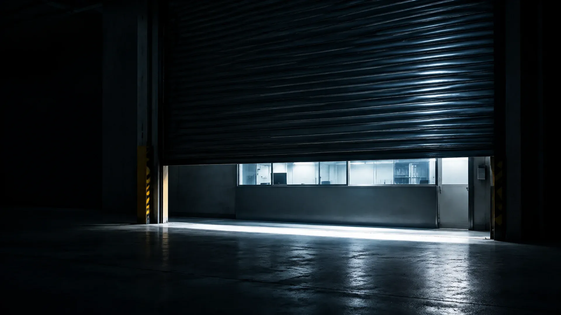 Stahlrolltor, zu drei Vierteln vor ein beleuchtetes Schalterfenster heruntergelassen, darunter ein schmaler Lichtstreifen