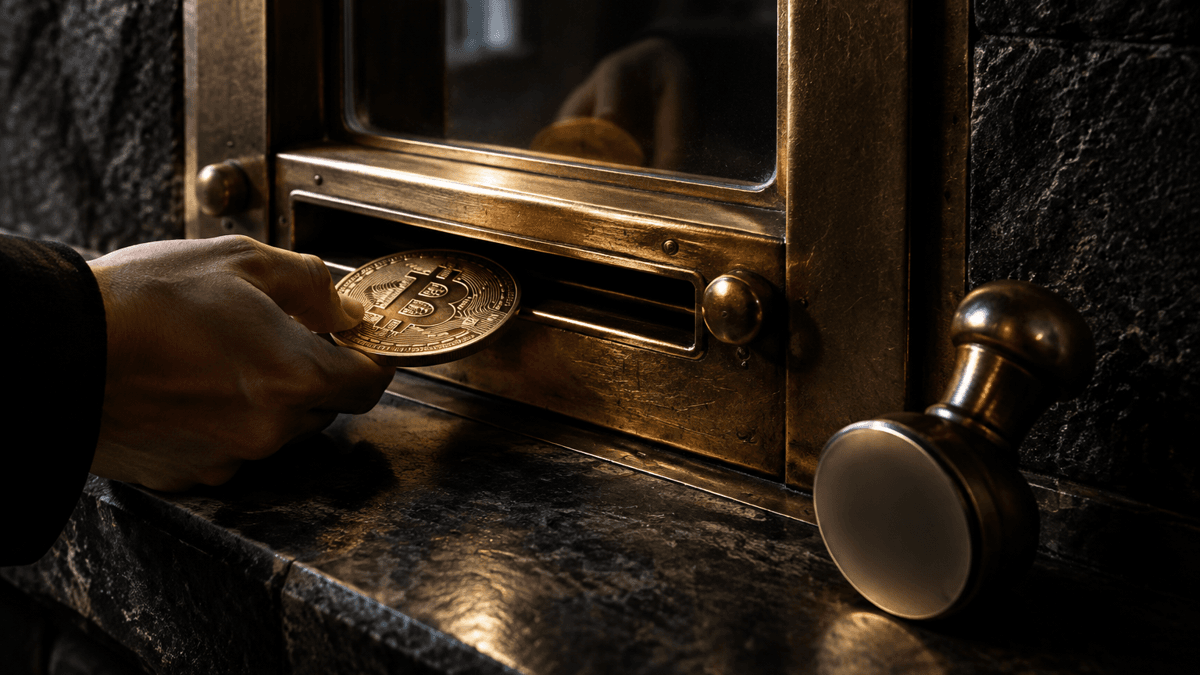 Messing-Wechselschalter mit Glasscheibe und Durchreicheschlitz, durch den eine Metallmünze geschoben wird, daneben ein Metallstempel mit leerer Siegelfläche