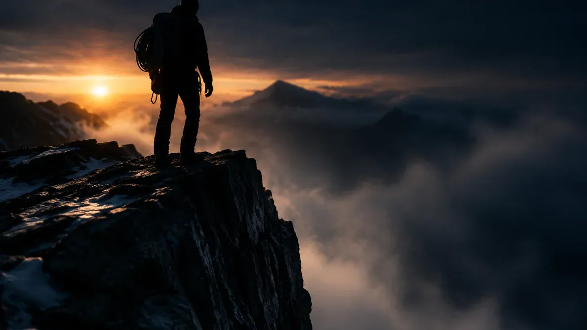 Silhouette eines Bergsteigers mit Seil über der Schulter an der scharfen Abbruchkante eines Felsgrats, darunter dichter Nebel
