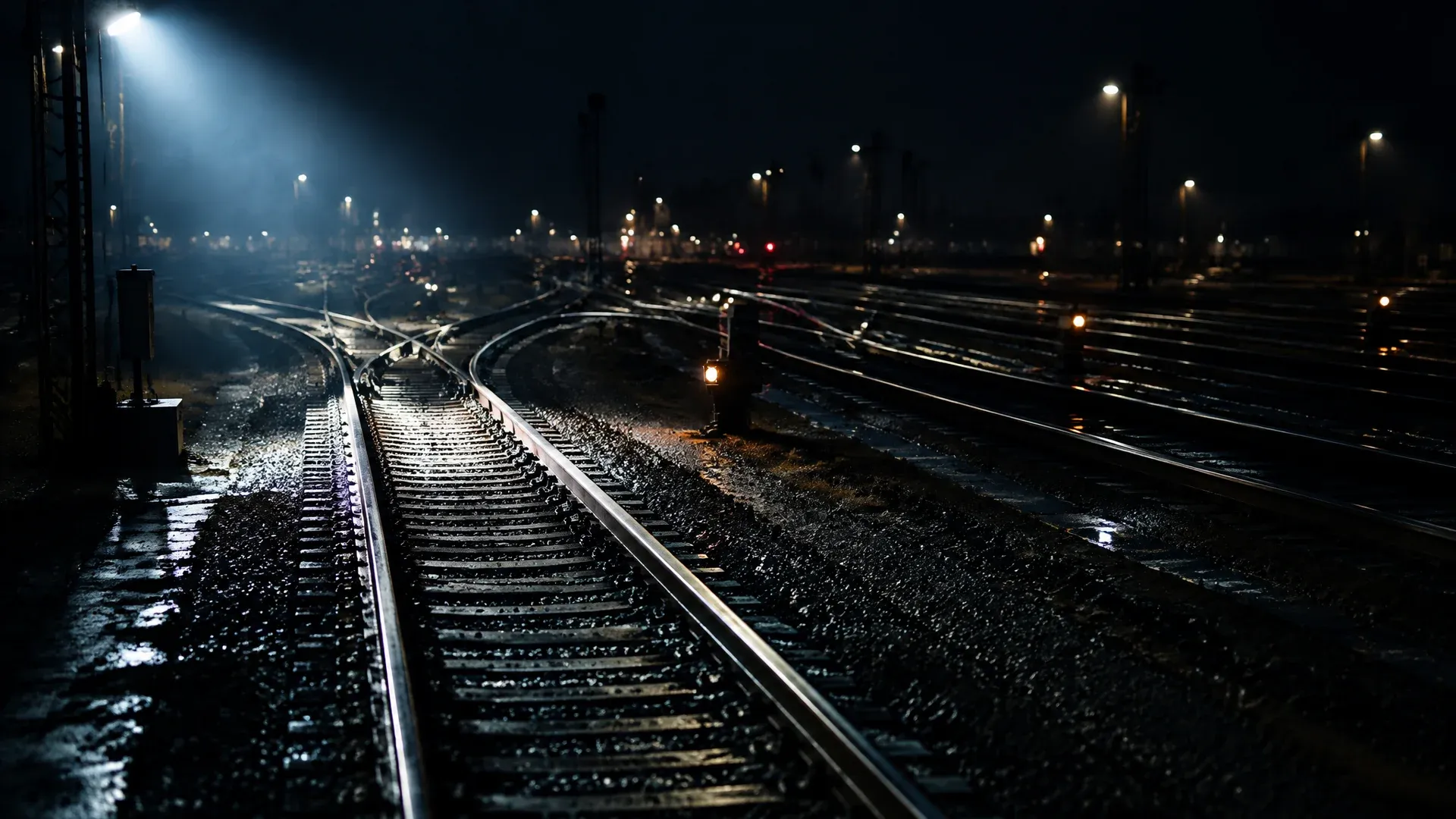 Nächtlicher Rangierbahnhof im Scheinwerferlicht, ein einzelnes nasses Gleis läuft in ein Bündel von Weichen und fächert sich dahinter in viele parallele Stränge auf