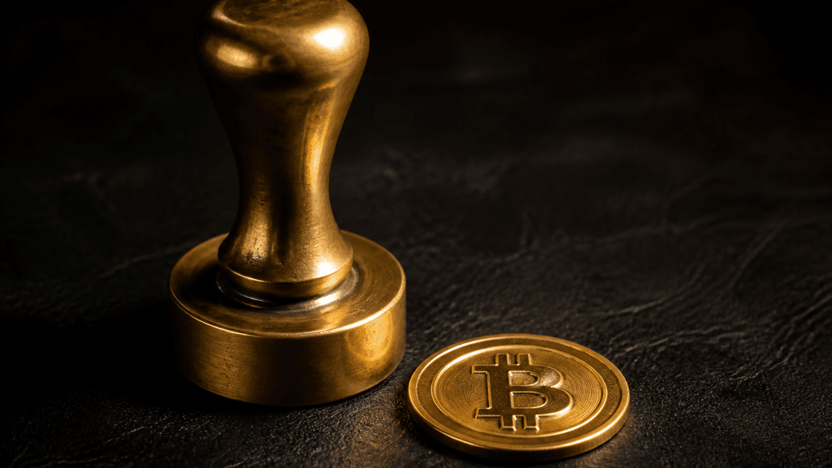 Ein schwerer Messing-Prägestempel mit glatter, unbeschrifteter Prägefläche steht auf dunklem Leder, daneben liegt eine golden schimmernde Münze mit eingeprägtem Bitcoin-Symbol.