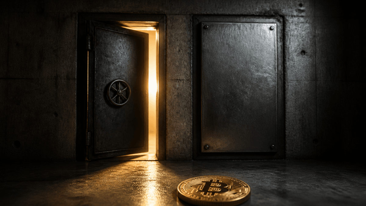 Zwei schwere Metalltüren in einer Betonwand: die linke einen Spalt offen und warm beleuchtet, die rechte fest verschlossen und blank verplattet, davor auf dem Boden eine Münze mit eingeprägtem Bitcoin-Symbol.