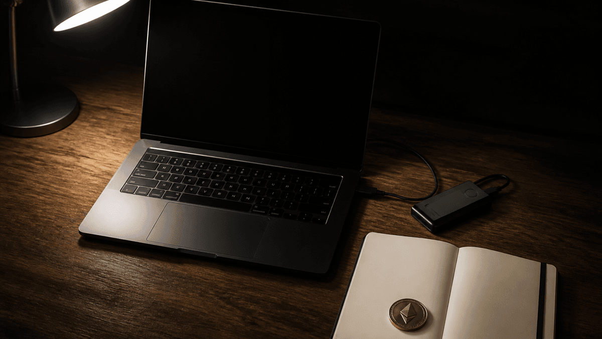 Nächtlicher Schreibtisch mit aufgeklapptem Notebook, kleinem Hardware-Wallet-Gerät, leerem Notizbuch und einer Metallmünze mit rautenförmigem Symbol