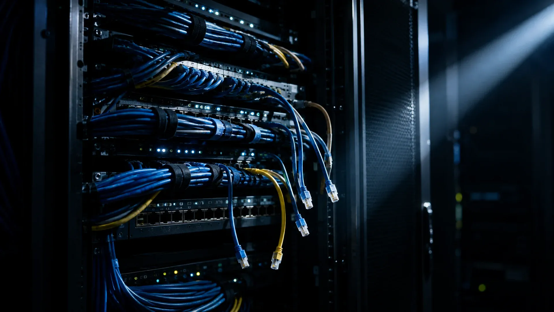 Offener Netzwerkschrank mit gebündelten Patchkabeln, einige Kabel hängen lose aus den Anschlussfeldern
