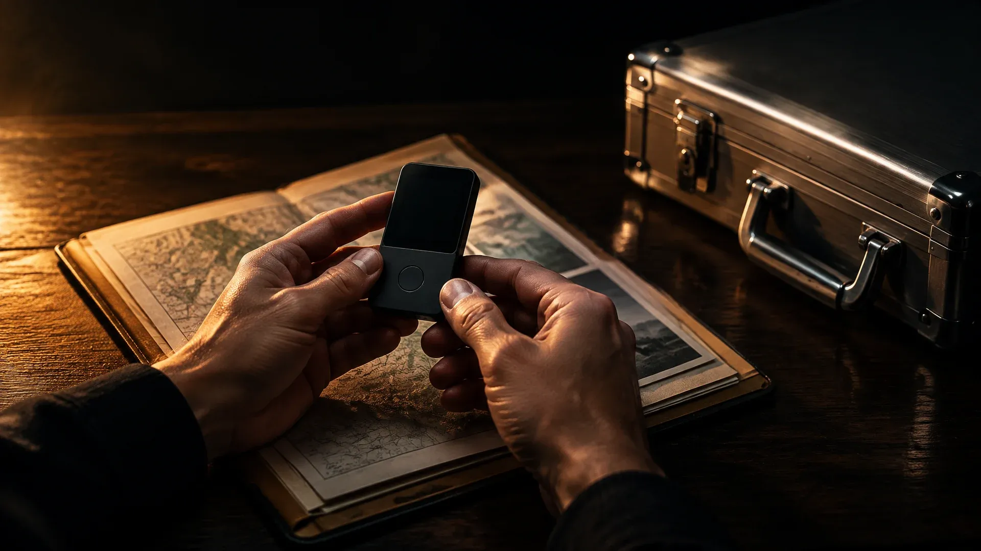 Zwei Hände halten ein markenloses Hardware-Wallet mit leerem Display über einer Mappe mit Papieren