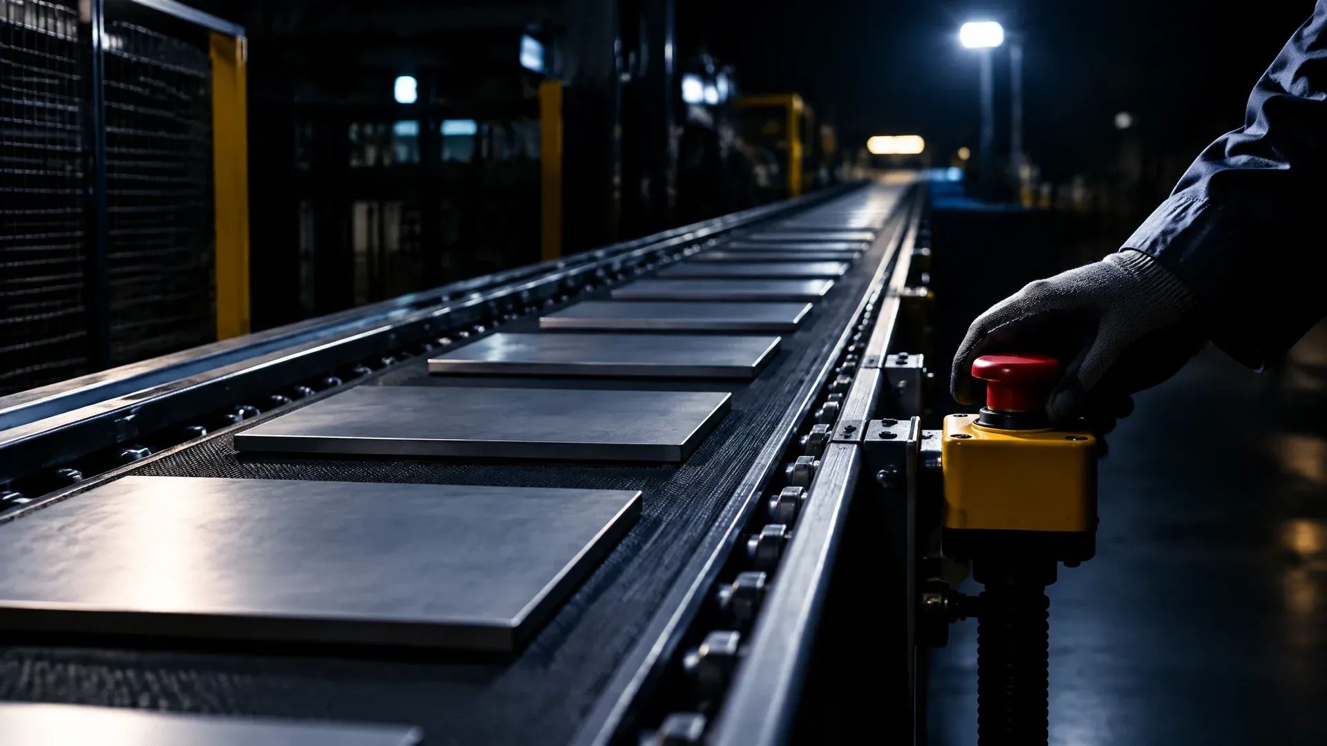 Förderband in einer Sortieranlage bei Nacht mit flachen Metallplatten in gleichmäßigen Abständen, am Rand eine Hand am Not-Halt-Schalter