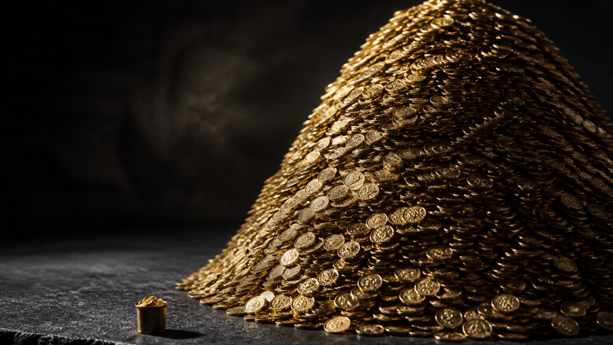 Ein mannshoher Berg glaenzender Goldmuenzen im Streiflicht auf dunkler Steinplatte, davor winzig ein fingerhutgrosser Messingbecher mit wenigen Muenzen