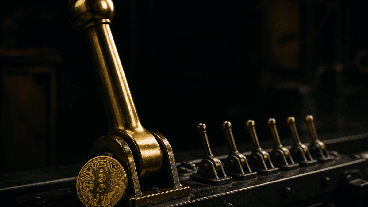 Ein einzelner riesiger polierter Messinghebel im Vordergrund, dahinter sechs winzige Hebel derselben Bauart auf einer dunklen Stahlkonsole, am Fuss des grossen Hebels eine Muenze mit Bitcoin-Zeichen