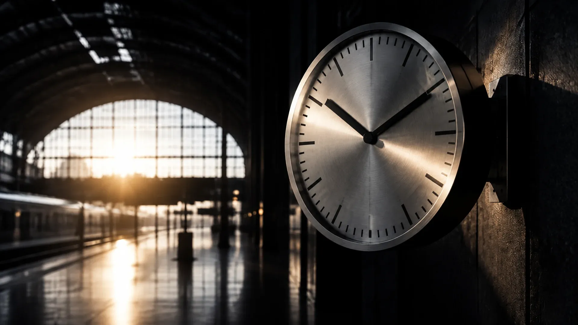 Große runde Bahnhofsuhr aus gebürstetem Metall ohne Ziffern an einer dunklen Hallenwand, dahinter eine leere Bahnhofshalle im Gegenlicht