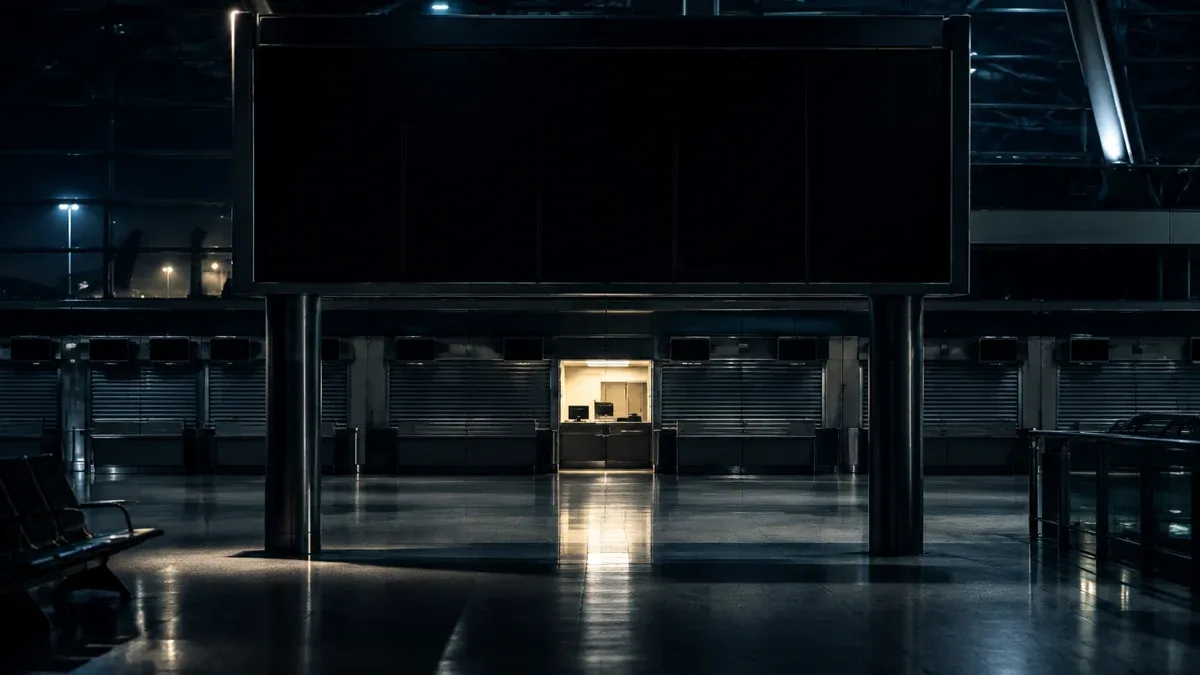 A deserted departures hall at night with a large dark empty display board, behind it a single lit desk between lowered roller shutters