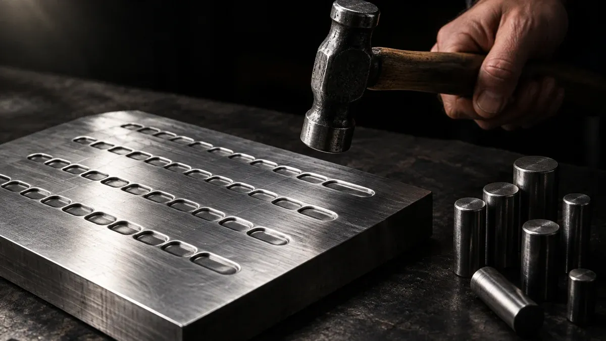 A hand holding a steel hammer above a brushed stainless steel plate with empty stamped rows of indentations, beside it a set of bare metal punches