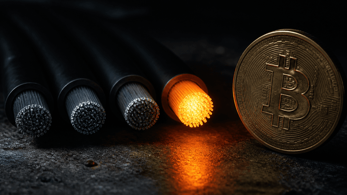 Vier durchtrennte Glasfaserkabel-Enden im Dunkeln, drei erloschen, eines glüht noch, daneben eine Metallmünze mit Bitcoin-Zeichen