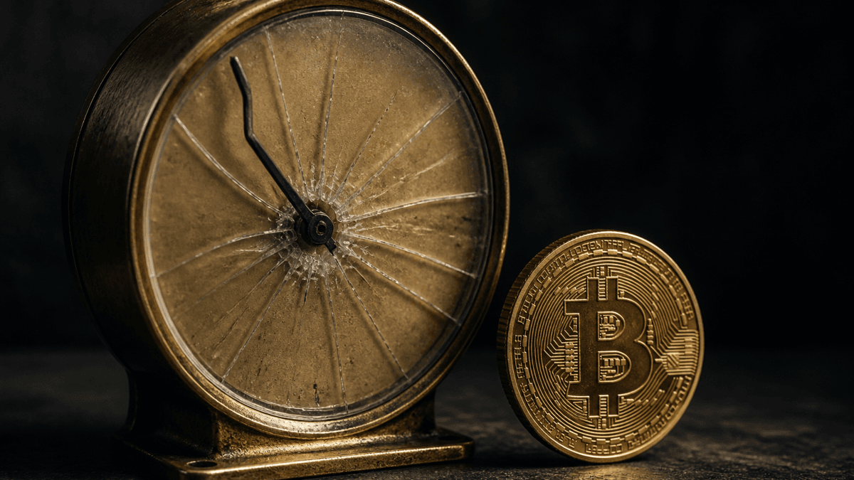 Analoges Messgerät aus Messing mit leerem Zifferblatt, verbogener Zeiger am Anschlag und gesprungenem Deckglas, daneben eine Metallmünze mit Bitcoin-Zeichen