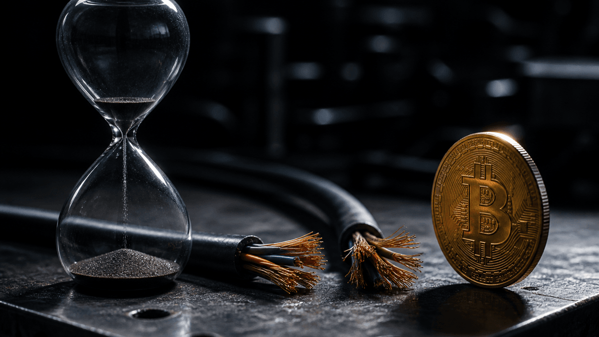 Fast durchgelaufene Sanduhr auf einer Stahlwerkbank neben einem durchtrennten Datenkabel und einer hochkant stehenden Münze mit Bitcoin-Zeichen