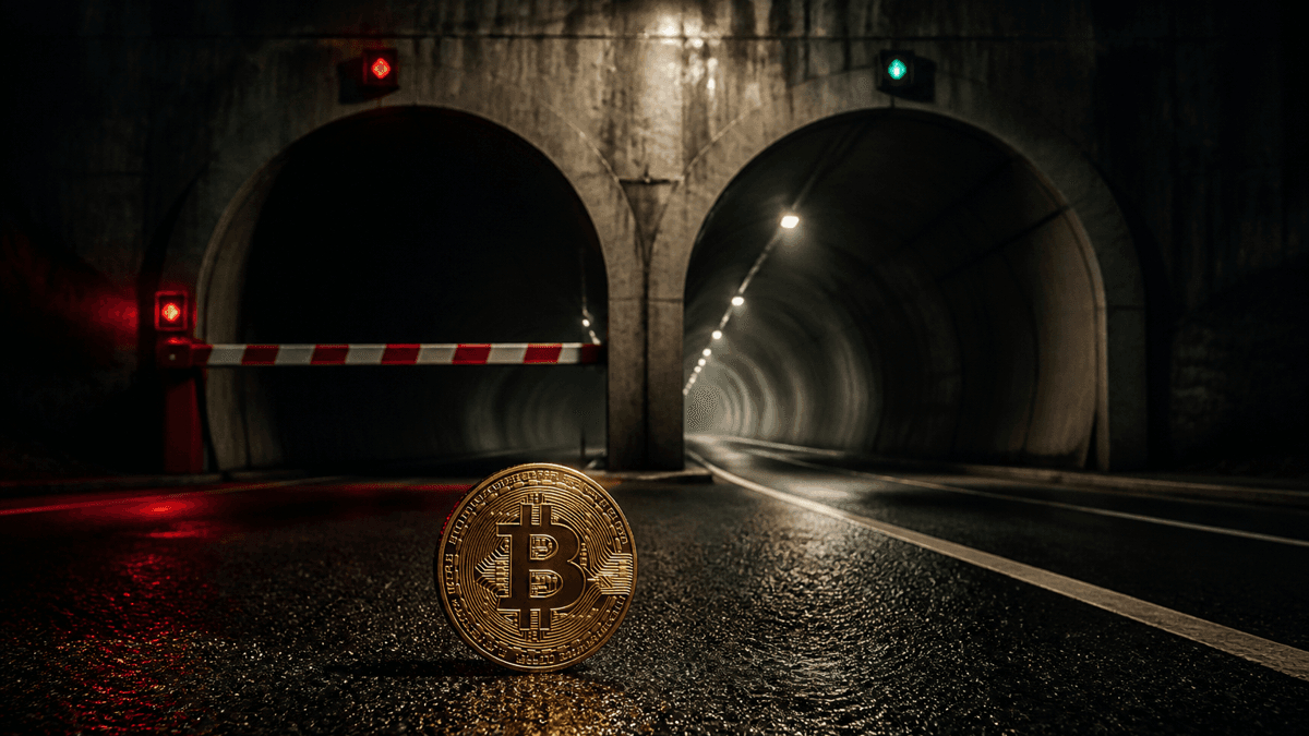 Tunnelportal bei Nacht, die linke Fahrspur von einer rot-weißen Schranke gesperrt, die rechte offen, im Vordergrund eine aufrecht stehende Münze mit Bitcoin-Zeichen