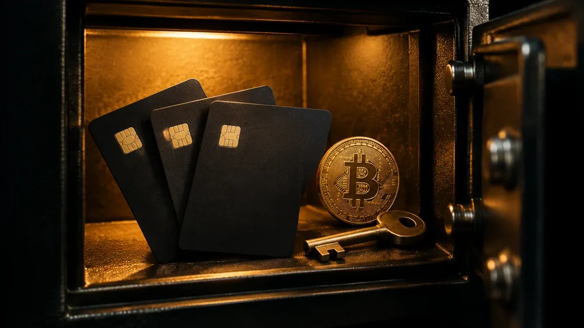 Three identical matte black cards fan out inside an opened steel safe deposit box, next to a coin bearing the Bitcoin symbol and a brass key