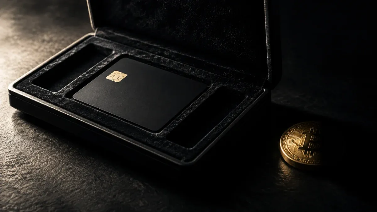 A single matte black card in a velvet case with two empty recesses, beside a coin bearing the Bitcoin symbol lying half in shadow