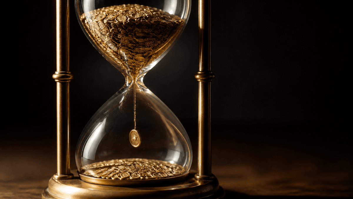 Messing-Sanduhr, deren obere Kammer randvoll mit winzigen goldenen Münzen gefüllt ist, während unten erst eine dünne Schicht liegt