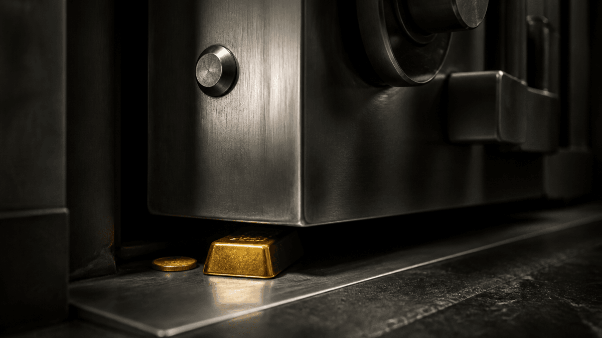 Zufallende Stahl-Tresortür, im schmalen Spalt liegen ein kleiner Goldbarren und eine goldene Münze