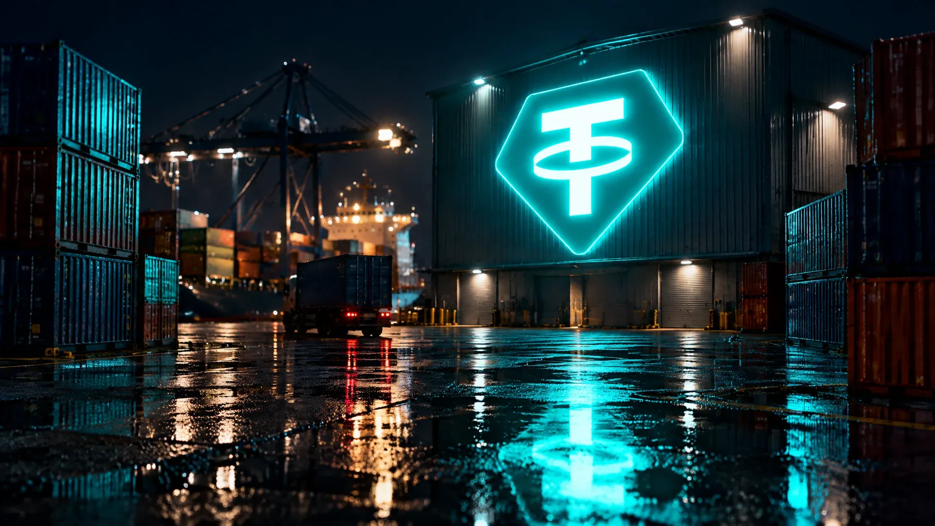 Neon sign with the Tether symbol on the warehouse of a freight terminal at night