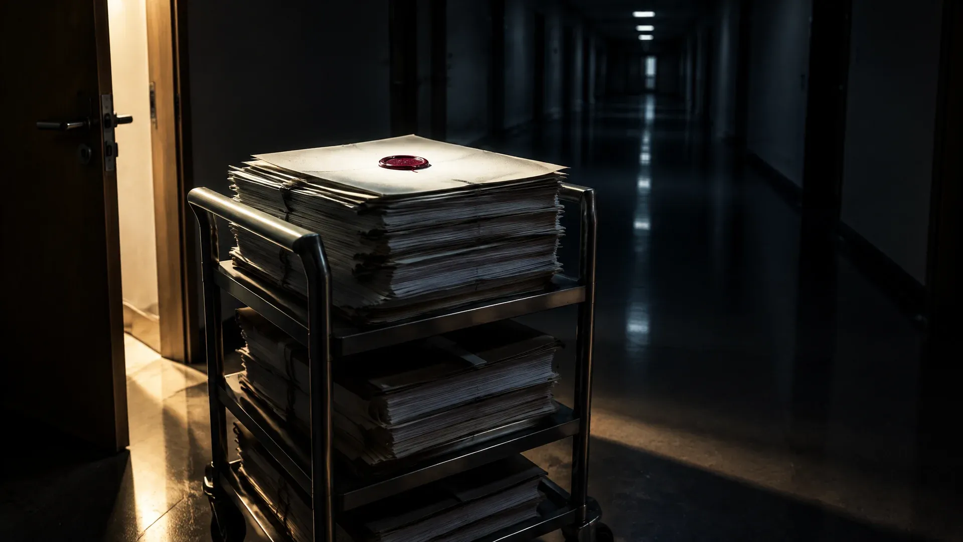 Filing trolley with stacks of documents and red sealing wax in an empty government corridor