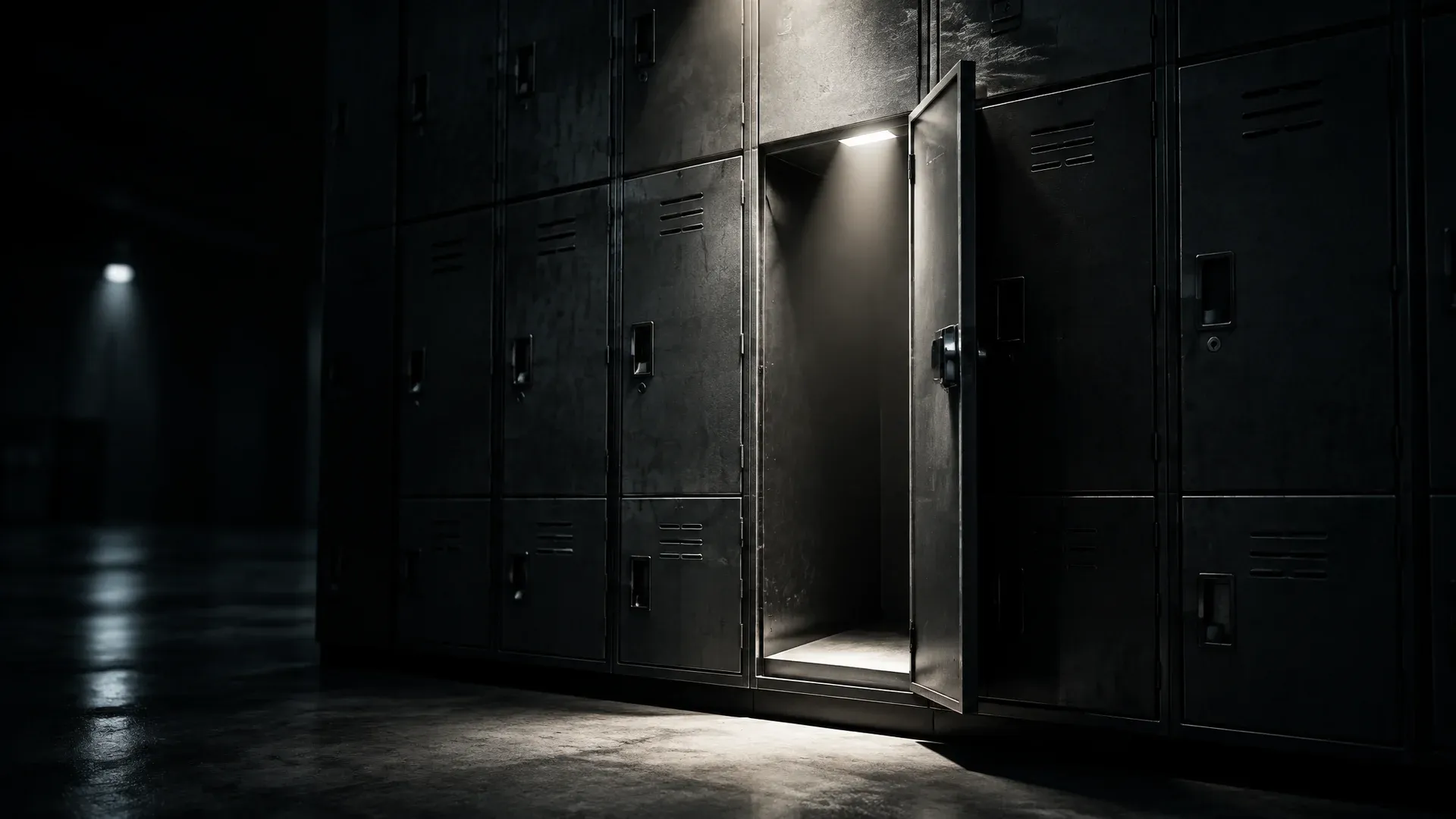 Wall of matt metal lockers in a dark hall, a single compartment standing open and empty