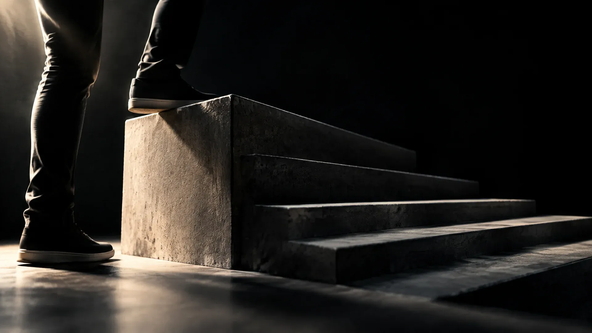 Concrete staircase in side light, the first step unusually high, the steps that follow evenly shallow