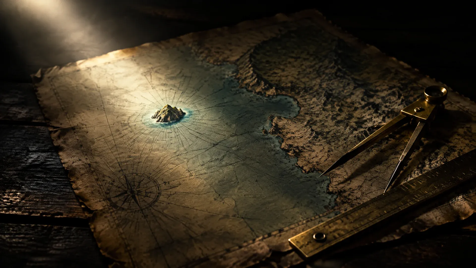 Alte Seekarte mit messingnem Stechzirkel und Lineal, im Lichtkegel eine kleine Insel weit vor einer Festlandküste