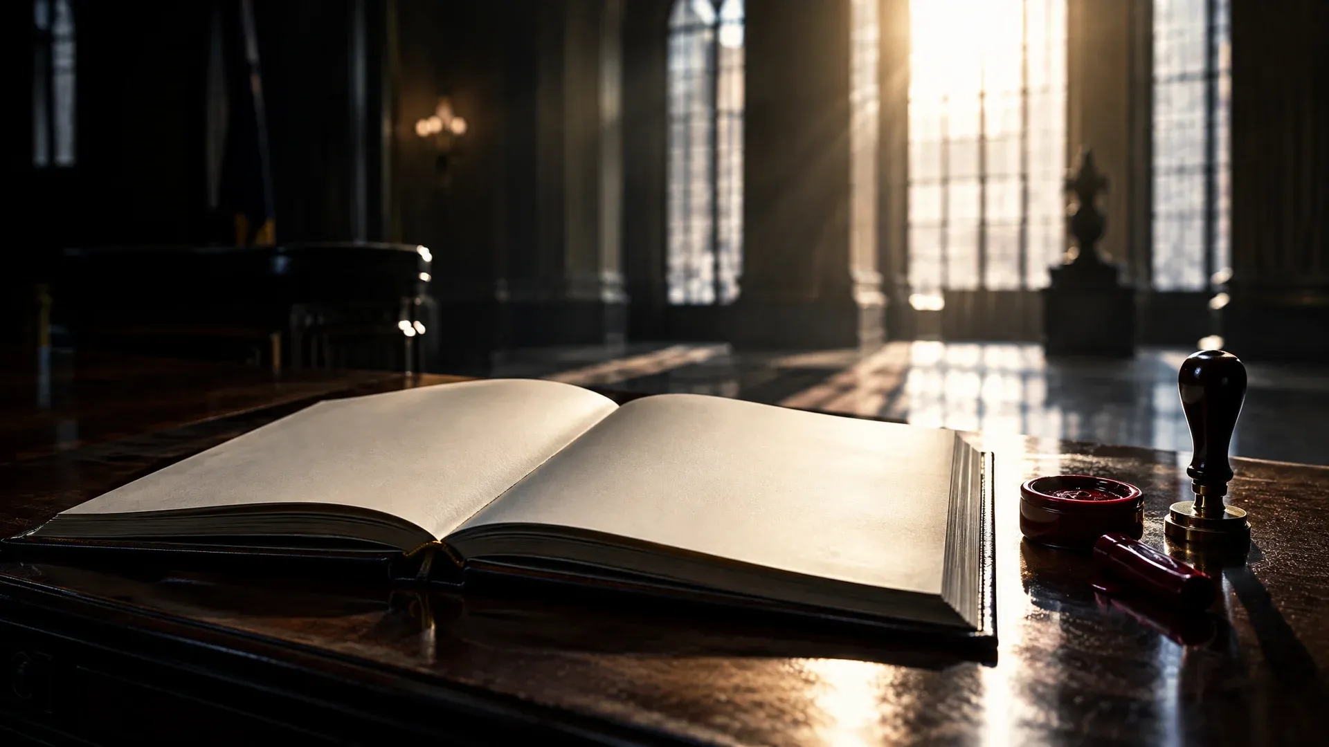 Aufgeschlagenes leeres Registerbuch auf einem Aktenpult im Gegenlicht einer hohen Amtshalle, daneben Siegellack und ein unbenutzter Stempel