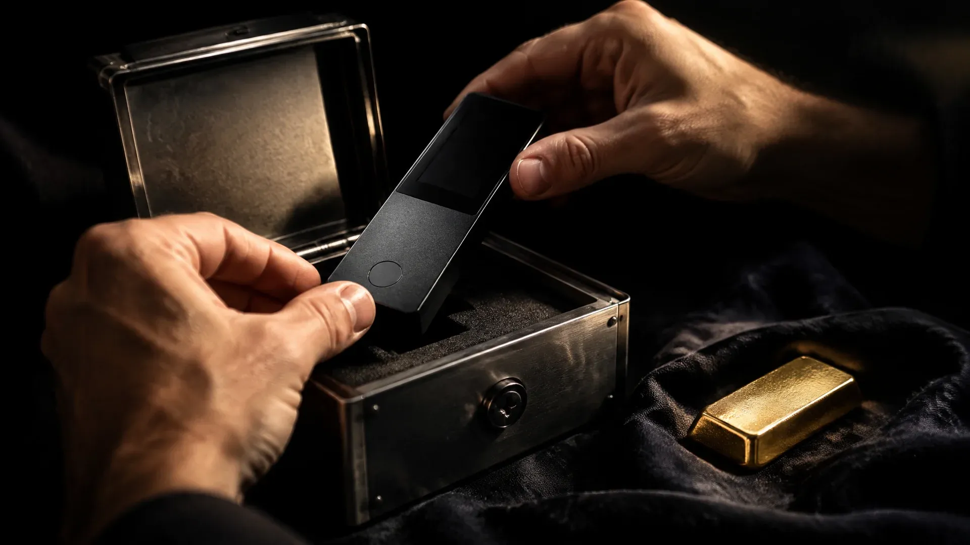 Zwei Hände heben eine markenlose Hardware-Wallet aus einer geöffneten Metallkassette, daneben ein ungeprägter Goldbarren auf dunklem Tuch