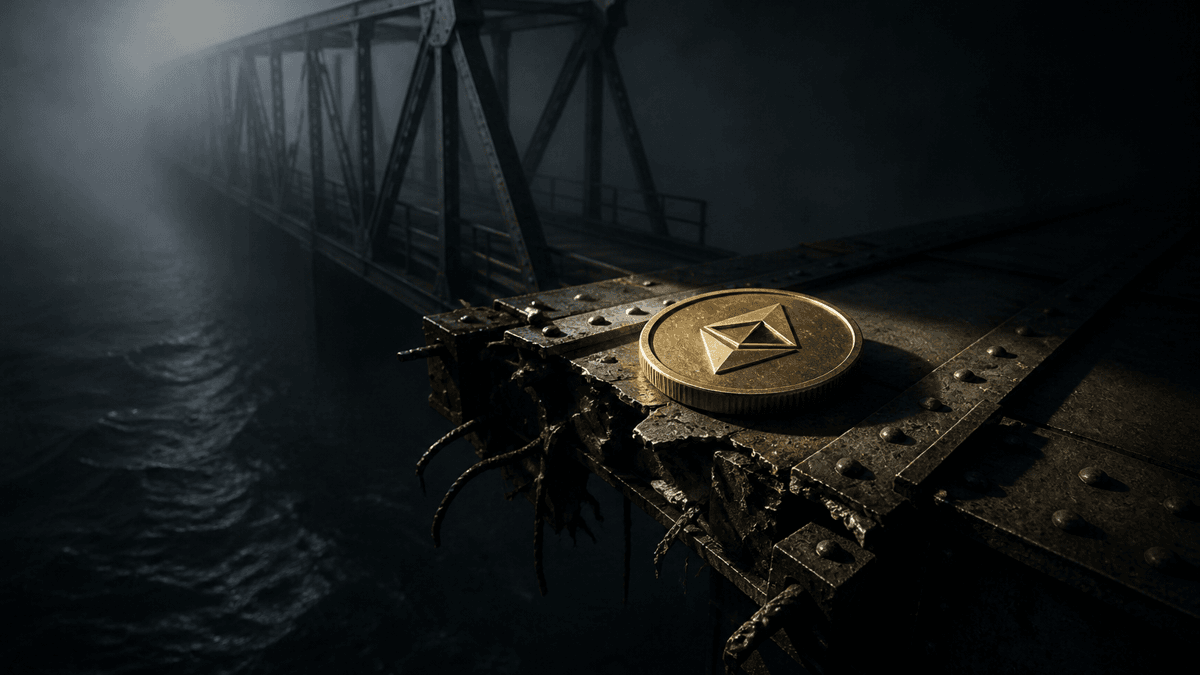 Abgebrochene Stahlbrücke über dunklem Wasser im Nebel, auf der Abbruchkante eine große Münze mit rautenförmigem Kristallsymbol