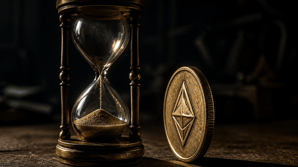 Messing-Sanduhr mit fast durchgelaufenem Sand auf dunkler Werkbank, daneben eine hochkant stehende Münze mit rautenförmigem Kristallsymbol