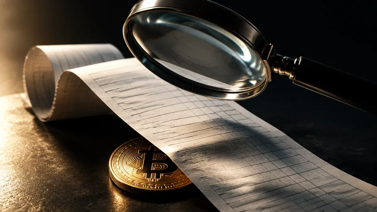 Leselupe über einem langen Papierausdruck mit leeren Rasterzeilen, darunter halb verdeckt eine Münze mit Bitcoin-Zeichen