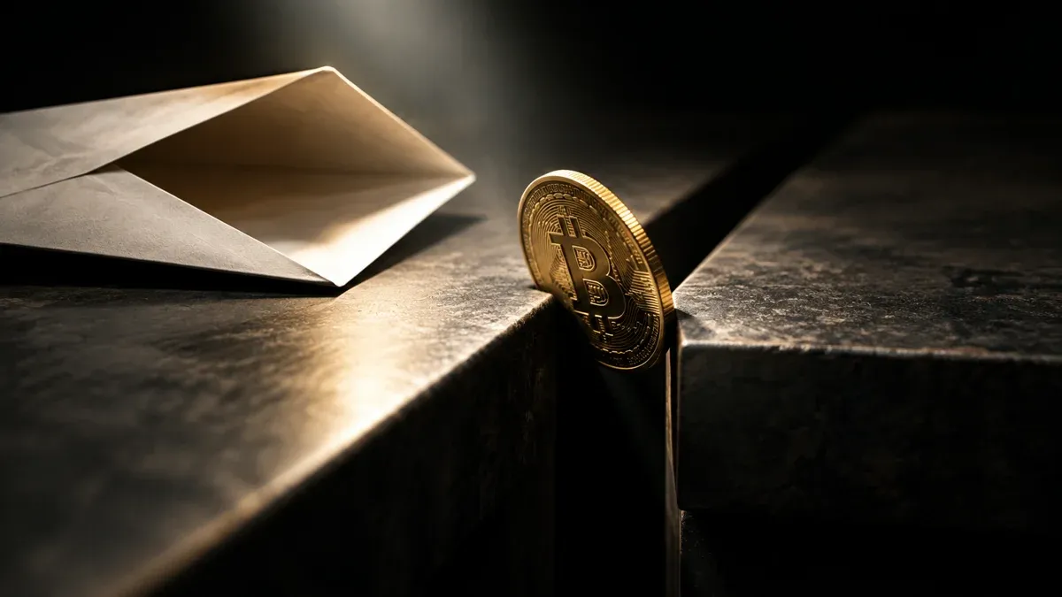 Münze mit Bitcoin-Zeichen kippt in den Spalt zwischen zwei Tischplatten, daneben ein offener leerer Briefumschlag