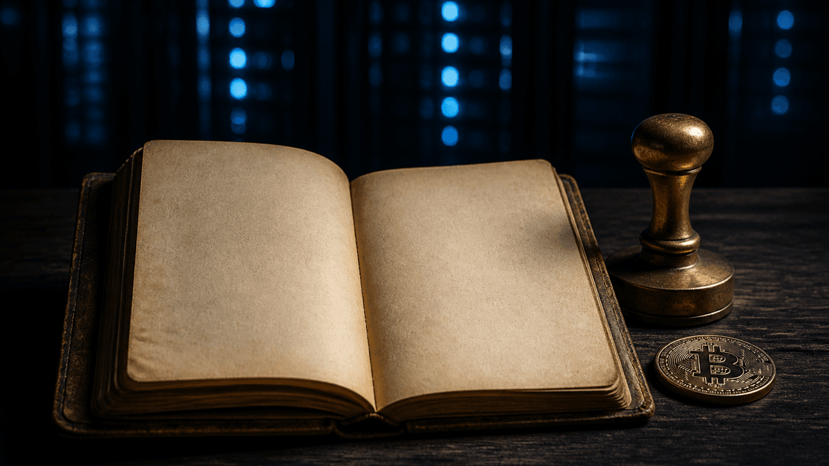 Open leather-bound ledger with blank pages beside a brass stamp and a Bitcoin coin, blue-lit server racks in the background