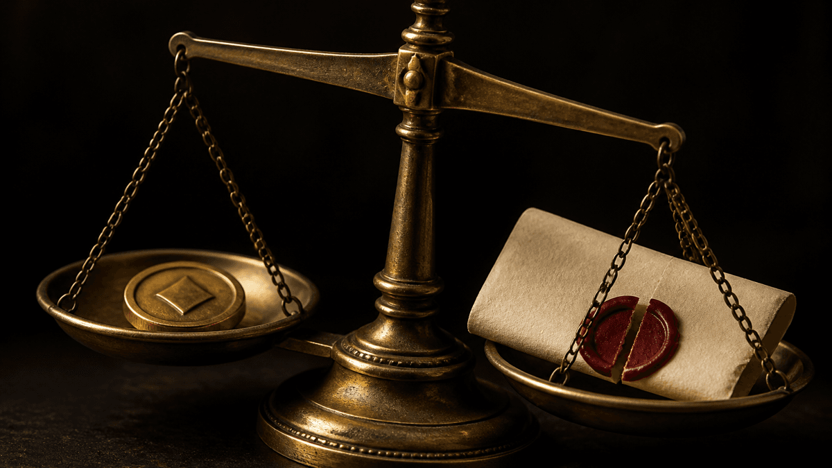 Antique brass scales: a coin bearing a diamond-shaped symbol in the left pan, a folded document with a broken red wax seal in the right
