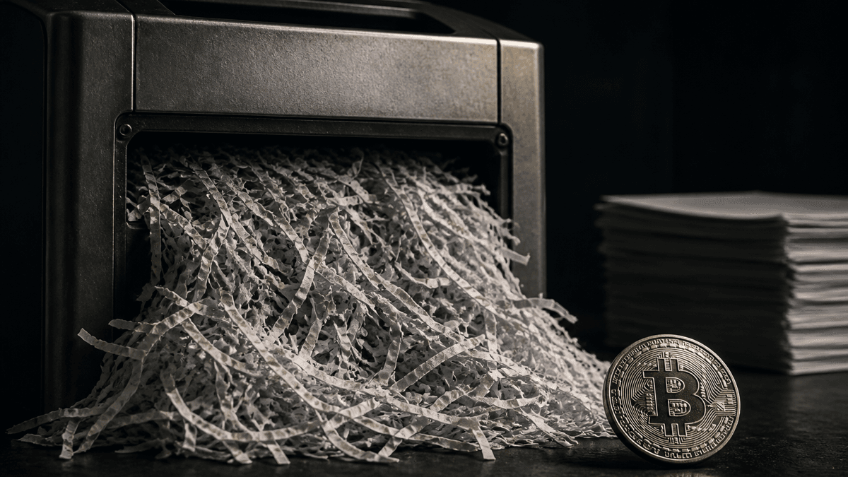Stahl-Aktenvernichter mit quellenden Papierstreifen, dahinter ein unversehrter Papierstapel im Schatten, davor eine Bitcoin-Münze