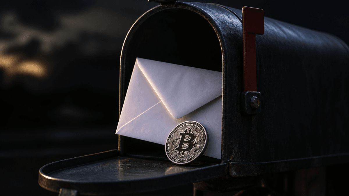 Geöffneter Metallbriefkasten in der Dämmerung mit einem unbedruckten weißen Briefumschlag, davor eine Bitcoin-Münze auf der Kante