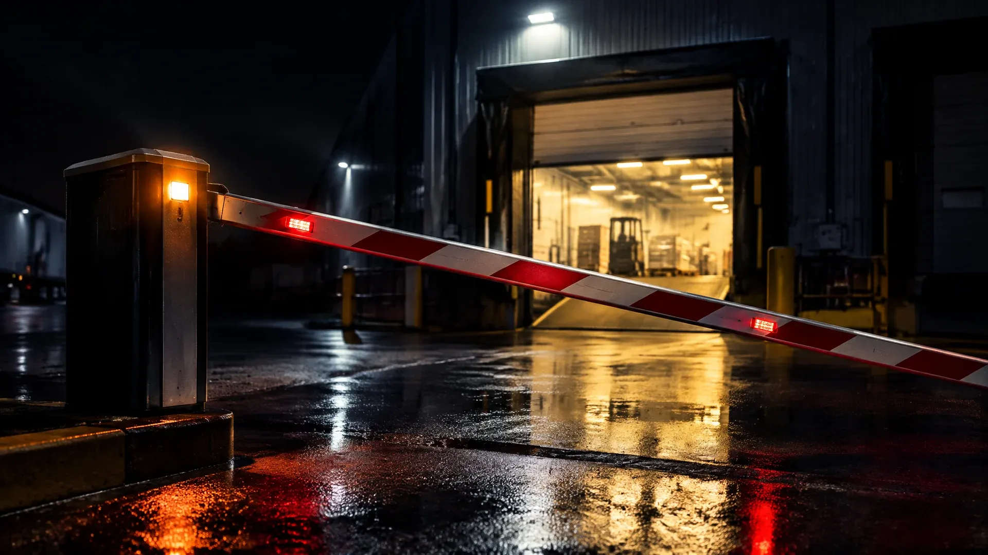 Sich senkende rot-weisse Schranke vor der Laderampe eines Verteilzentrums bei Nacht