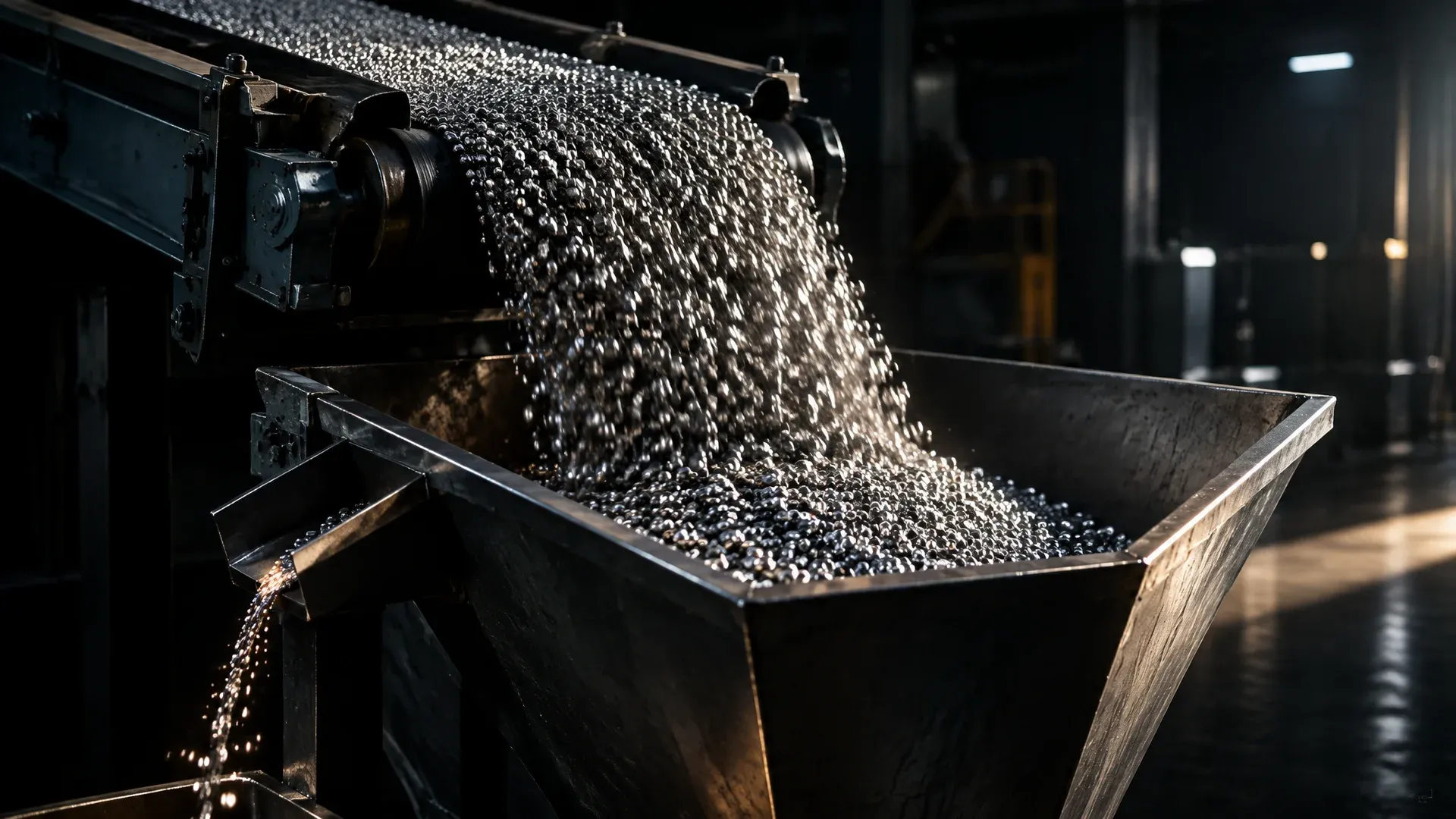 Förderband schüttet einen breiten Strom Metallpellets in einen überlaufenden Trichter, aus einer kleinen Seitenrutsche rieselt nur eine schmale Spur