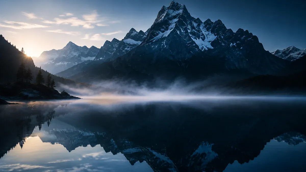 Spiegelglatter Bergsee in der Morgendämmerung mit Nebel über dem Wasser