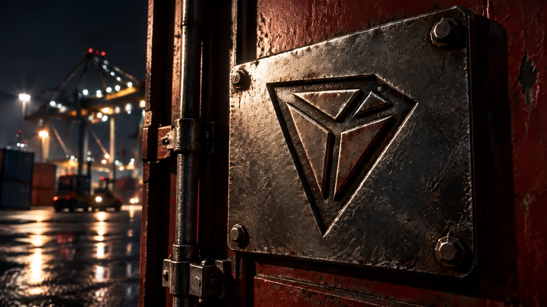 In eine schwere Metallplatte an einem Containertor eingraviertes TRX-Zeichen, Frachtterminal bei Nacht