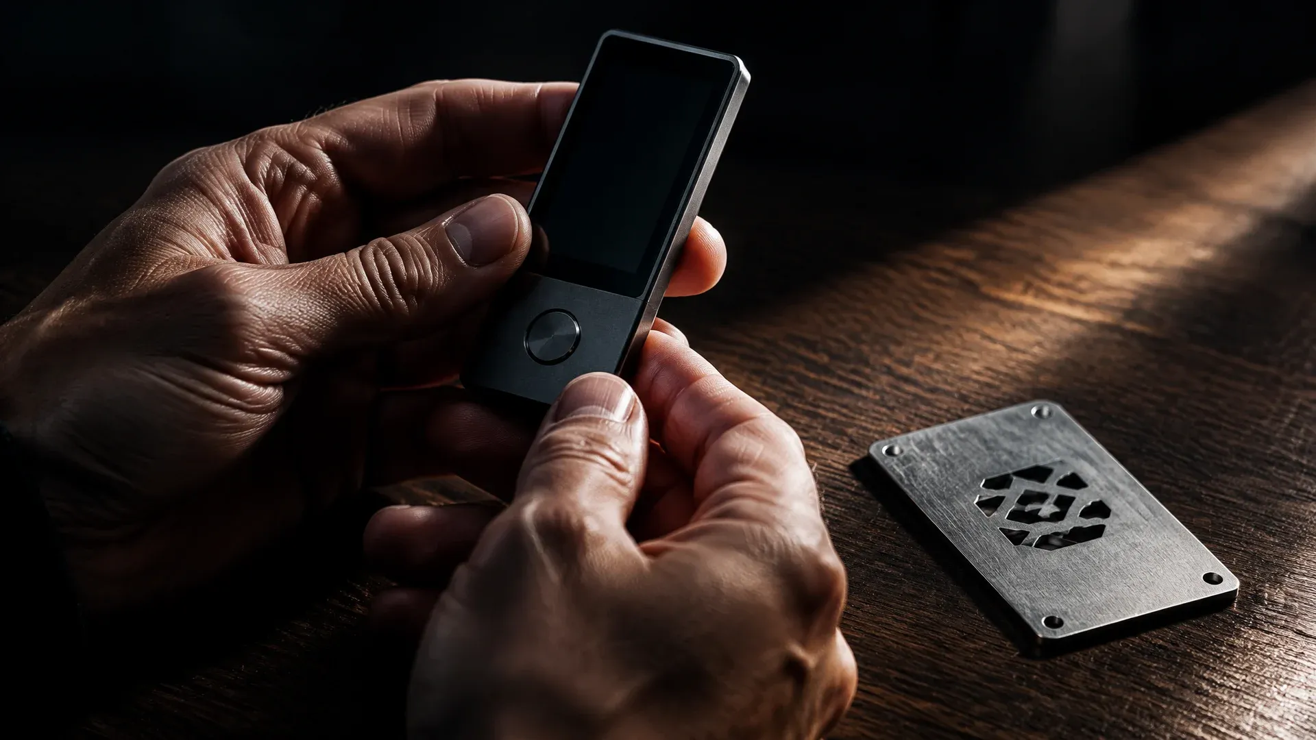 Markenlose Hardware-Wallet mit dunklem Display in zwei Händen, daneben eine gestanzte Metallplatte auf einem Holztisch