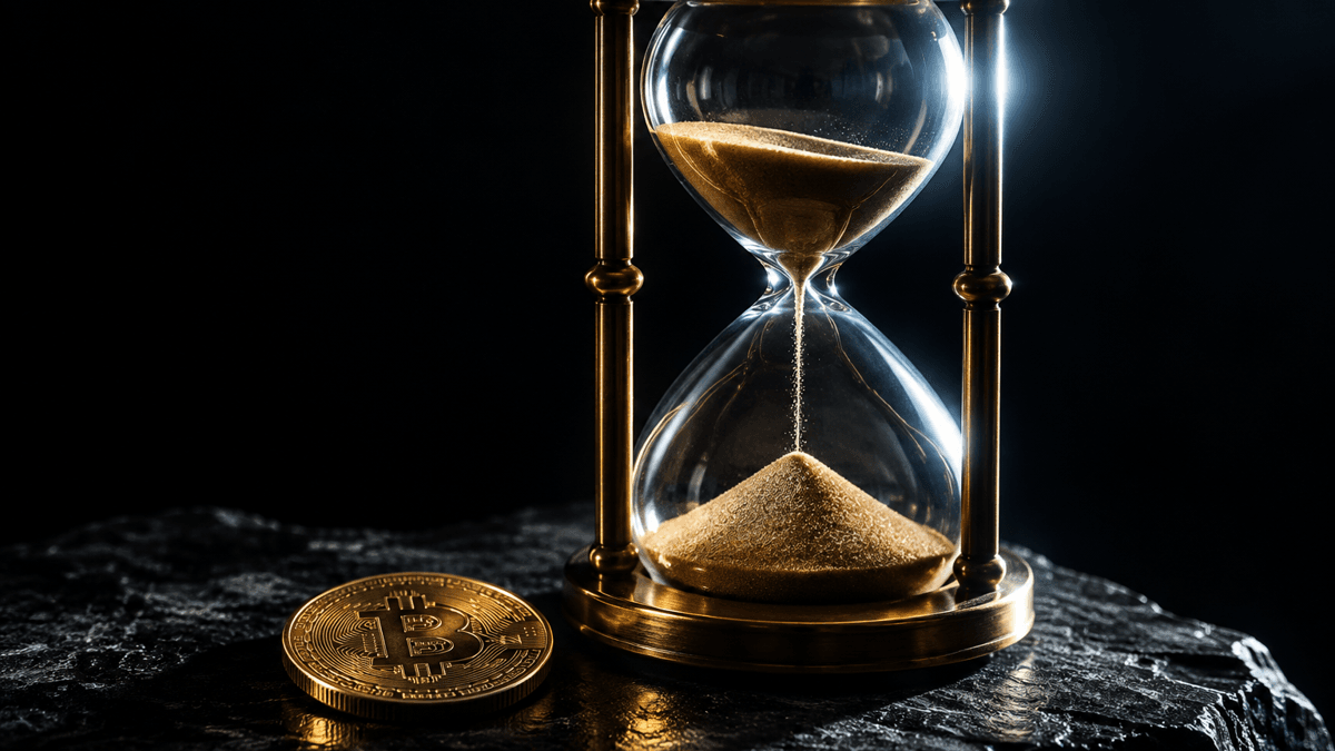 Große Sanduhr aus Messing und Glas auf dunklem Schiefer neben einer Münze mit Bitcoin-Zeichen