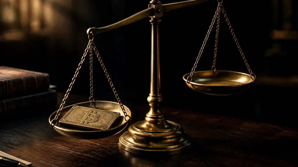 Alte Messing-Balkenwaage auf dunklem Schreibtisch, in der tiefen Schale ein rechteckiges graviertes Metallschild mit Bitcoin-Zeichen, die andere Schale leer und oben