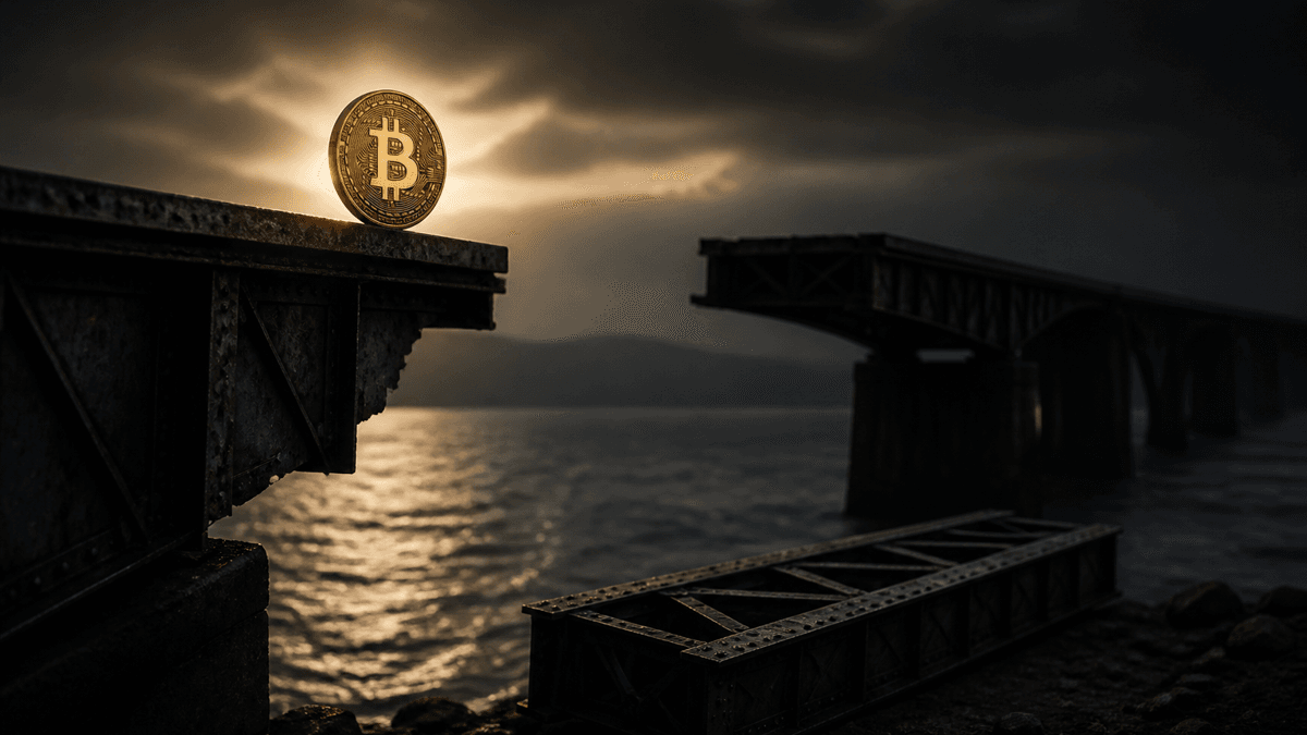Stahlbrücke über dunklem Wasser mit fehlendem Mittelsegment, das ausgebaute Segment liegt am Ufer bereit, auf dem Brückenkopf steht eine goldene Münze mit Bitcoin-Zeichen