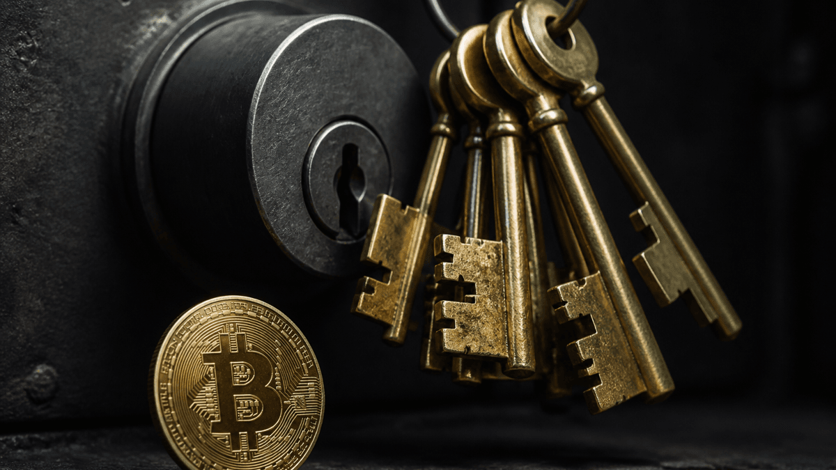 Bund alter Messingschlüssel vor einem massiven Stahlschließzylinder, die Schlüsselbärte sind erkennbar zu breit für das Schlüsselloch, davor eine goldene Münze mit Bitcoin-Zeichen